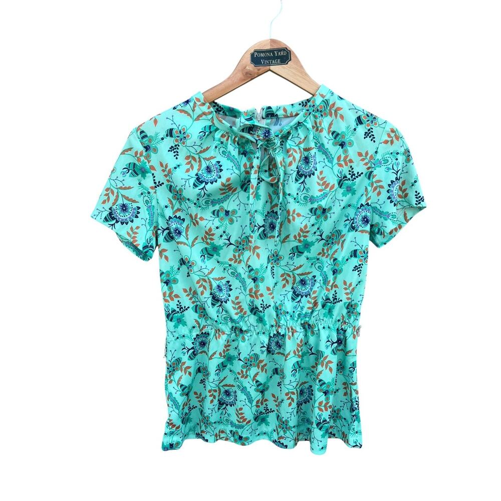 Women's Vintage 70s Mint Green Blouse Short Sleeve Floral Elastic Waist Medium